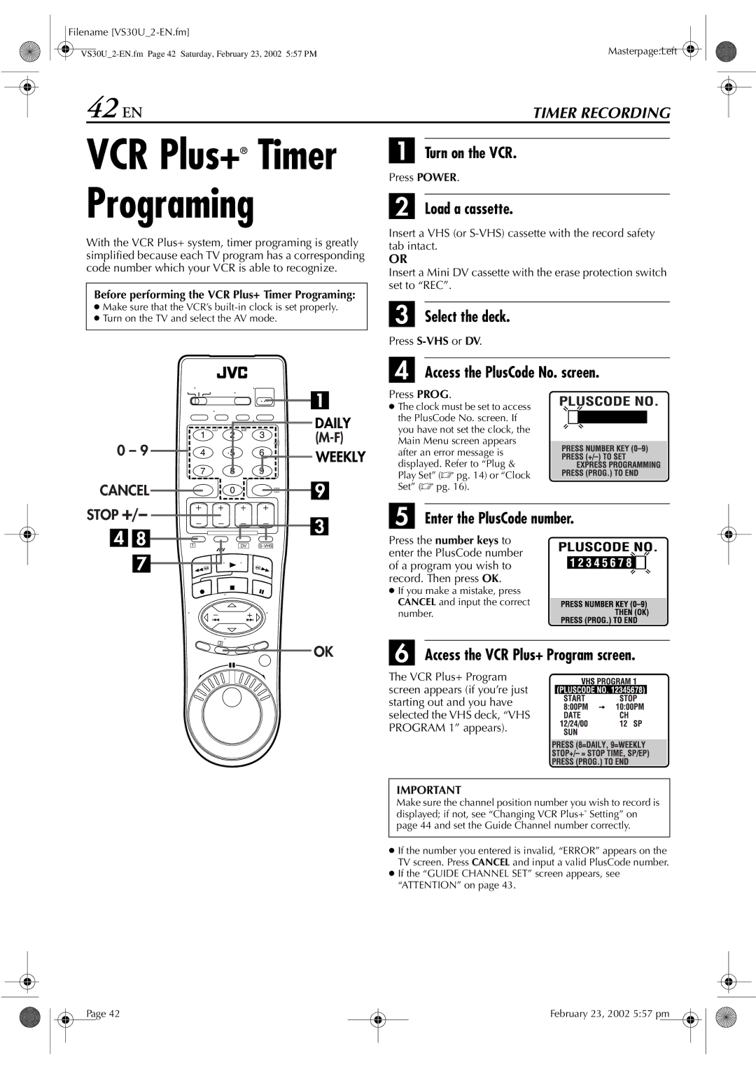 JVC SR-VS30U manual Programing, Select the deck, Access the PlusCode No. screen, Enter the PlusCode number 