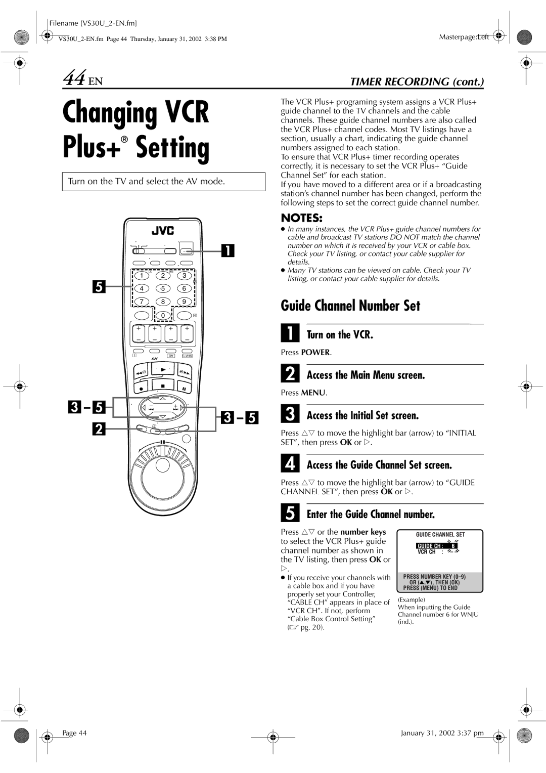 JVC SR-VS30U manual 44 EN, Guide Channel Number Set, Access the Guide Channel Set screen, Enter the Guide Channel number 