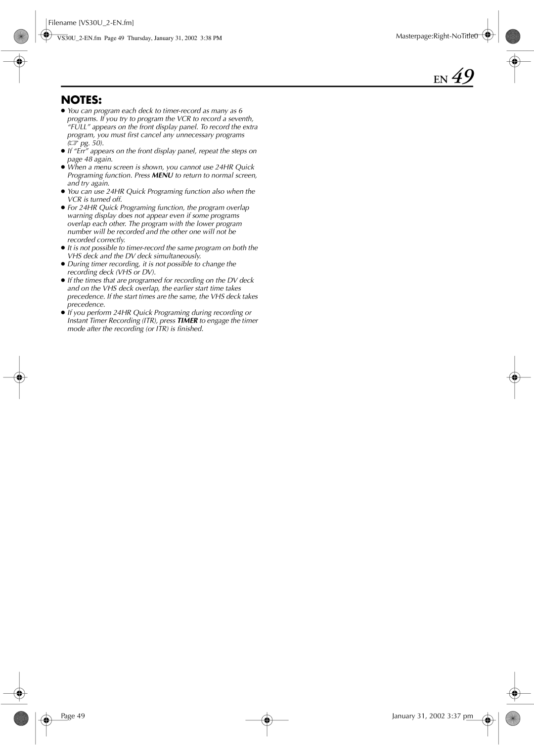 JVC SR-VS30U manual VS30U2-EN.fm Page 49 Thursday, January 31, 2002 338 PM 