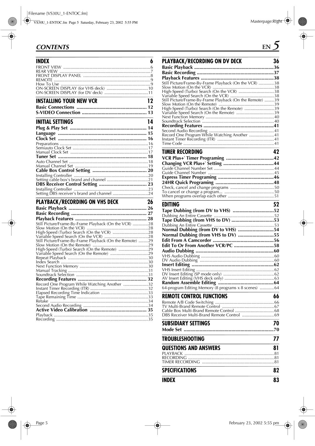 JVC SR-VS30U manual Contents 