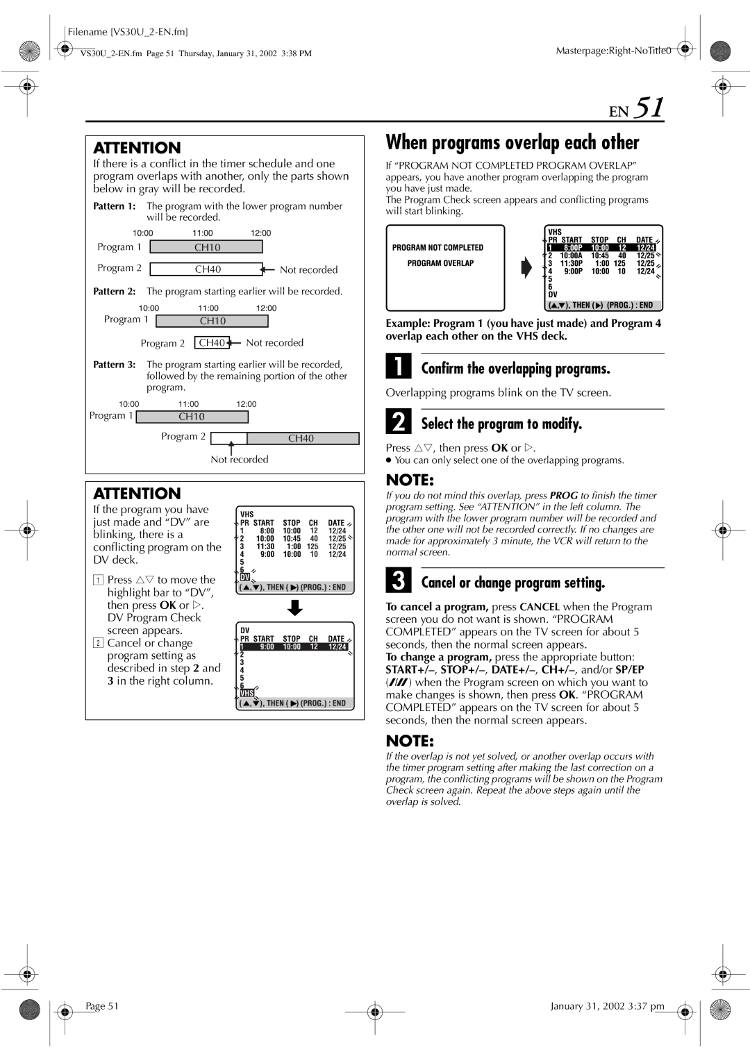 JVC SR-VS30U manual Select the program to modify, Overlap each other on the VHS deck 