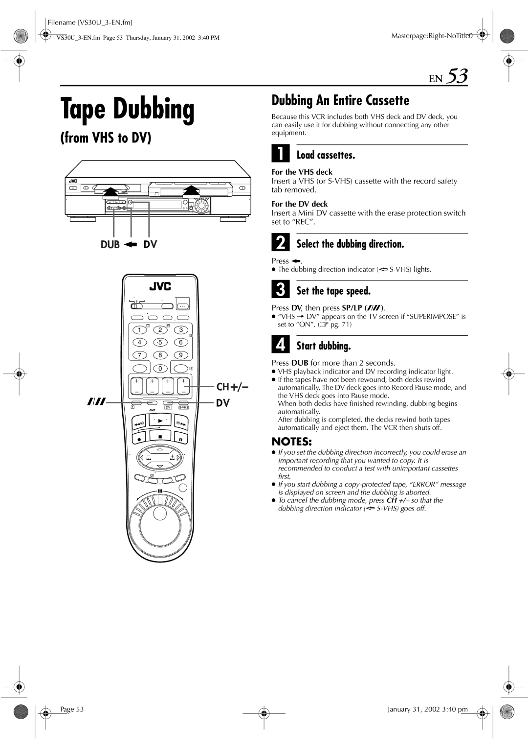 JVC SR-VS30U manual From VHS to DV Dubbing An Entire Cassette, Press DV, then press SP/LP p 