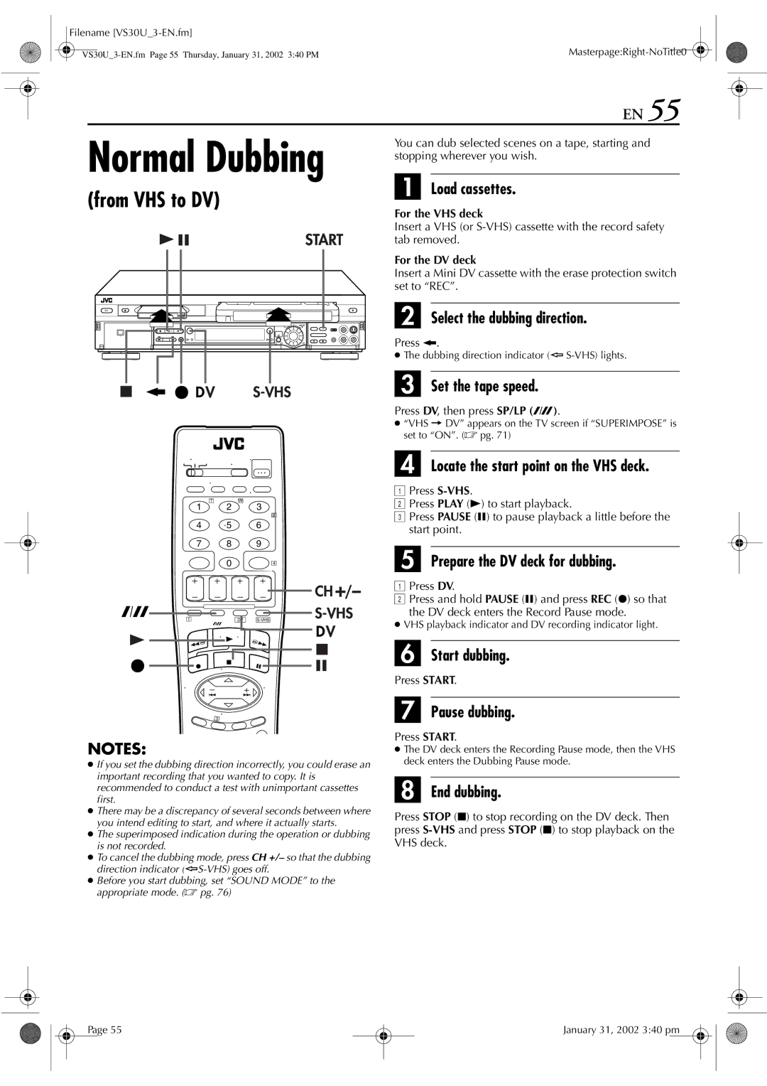 JVC SR-VS30U manual From VHS to DV, Locate the start point on the VHS deck, Prepare the DV deck for dubbing 