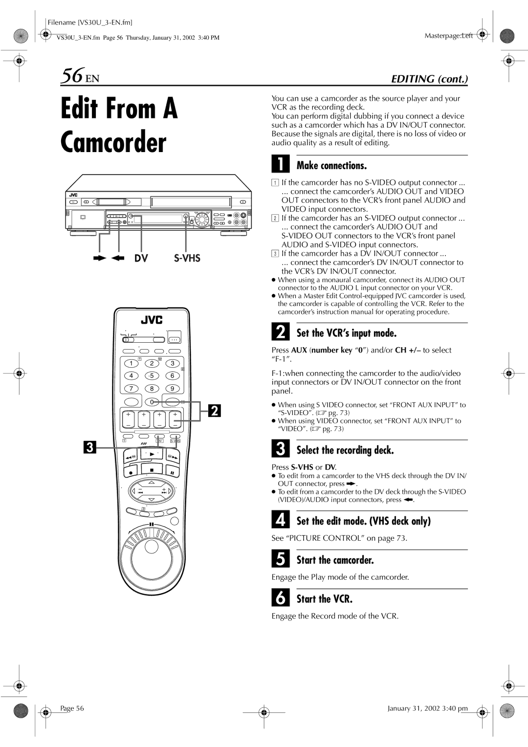 JVC SR-VS30U manual 56 EN 