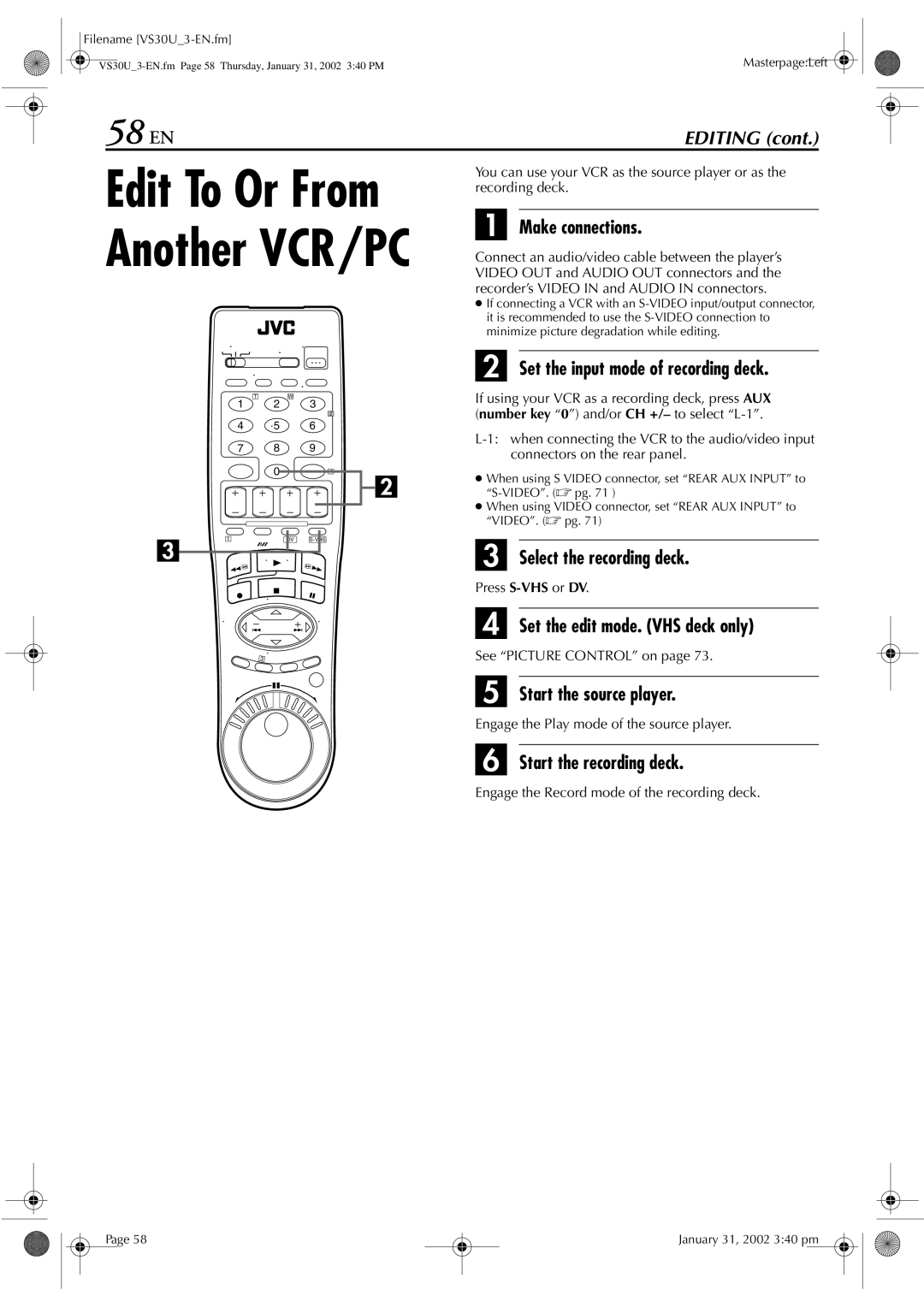 JVC SR-VS30U manual 58 EN, Set the input mode of recording deck, Start the source player, Start the recording deck 