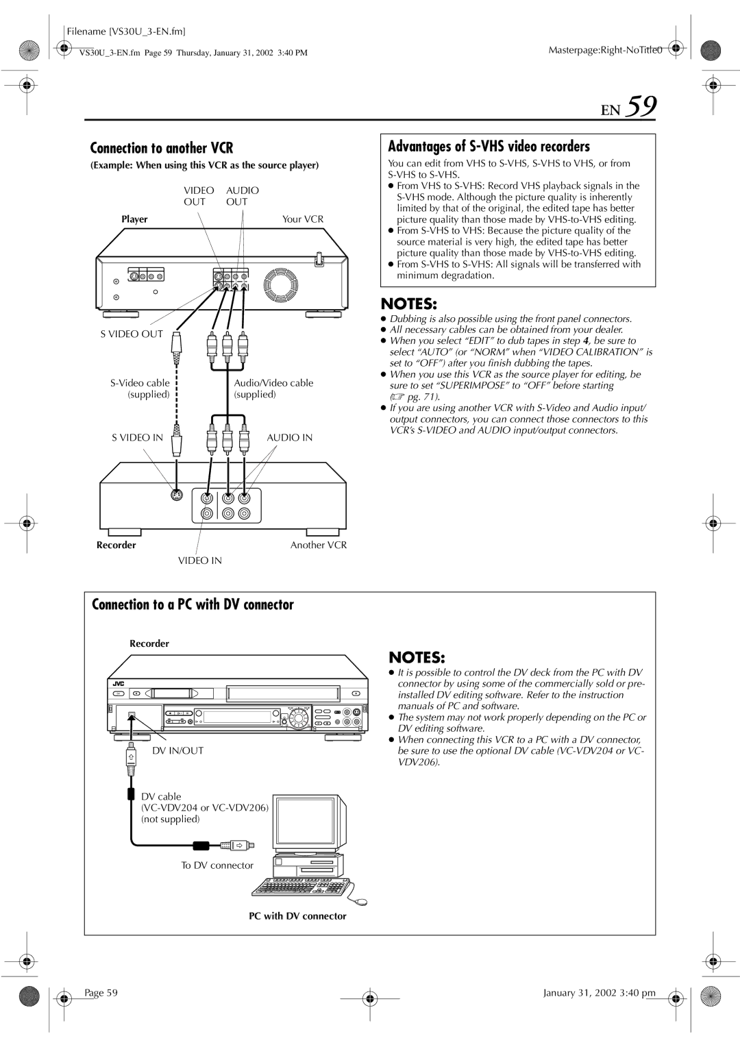 JVC SR-VS30U manual Connection to another VCR, Advantages of S-VHS video recorders, Connection to a PC with DV connector 