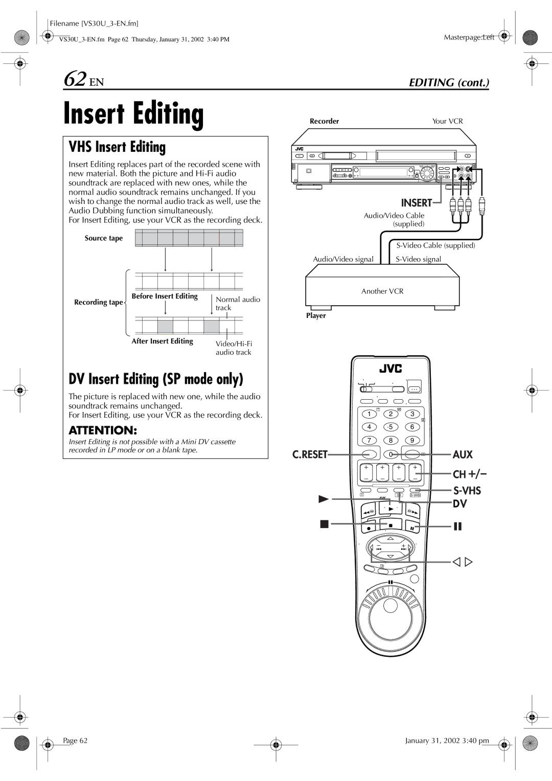 JVC SR-VS30U manual 62 EN, VHS Insert Editing, Source tape Recording tape, After Insert Editing 