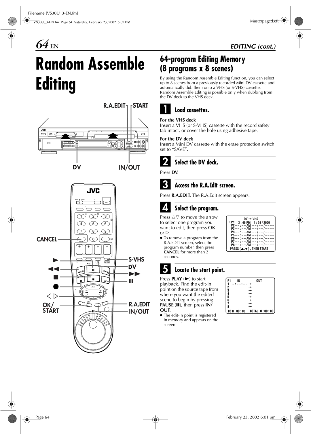 JVC SR-VS30U manual 64 EN, Program Editing Memory, Programs x 8 scenes 