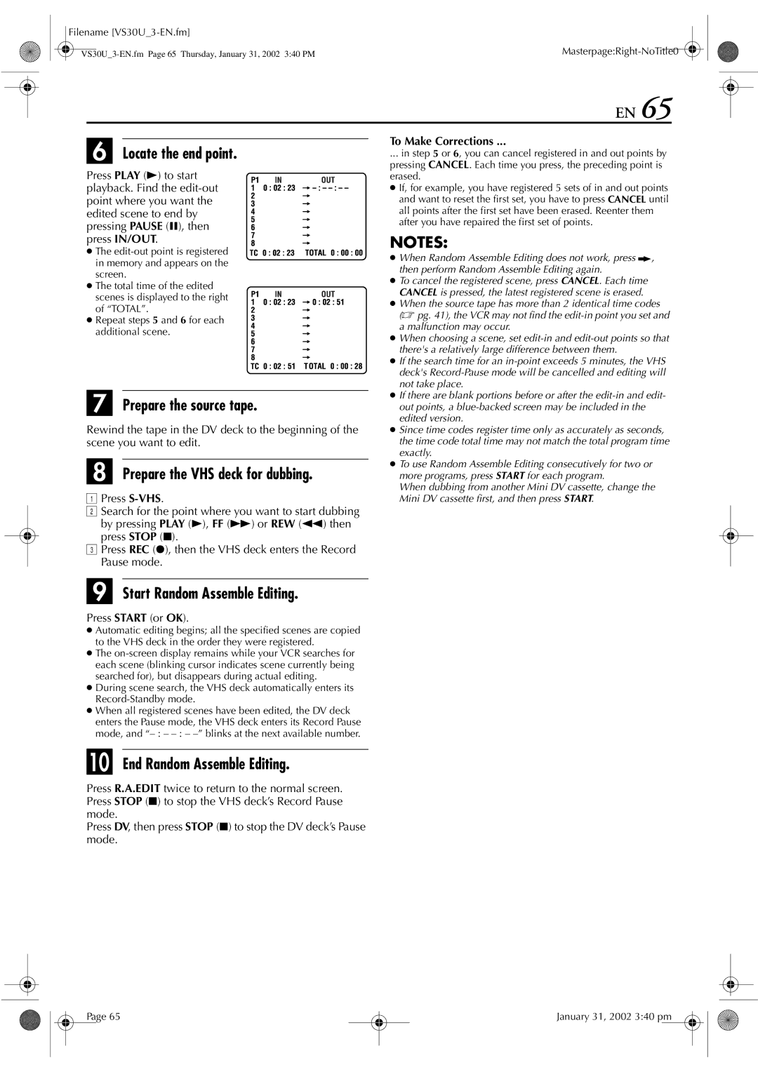 JVC SR-VS30U Locate the end point, Prepare the source tape, Start Random Assemble Editing, End Random Assemble Editing 