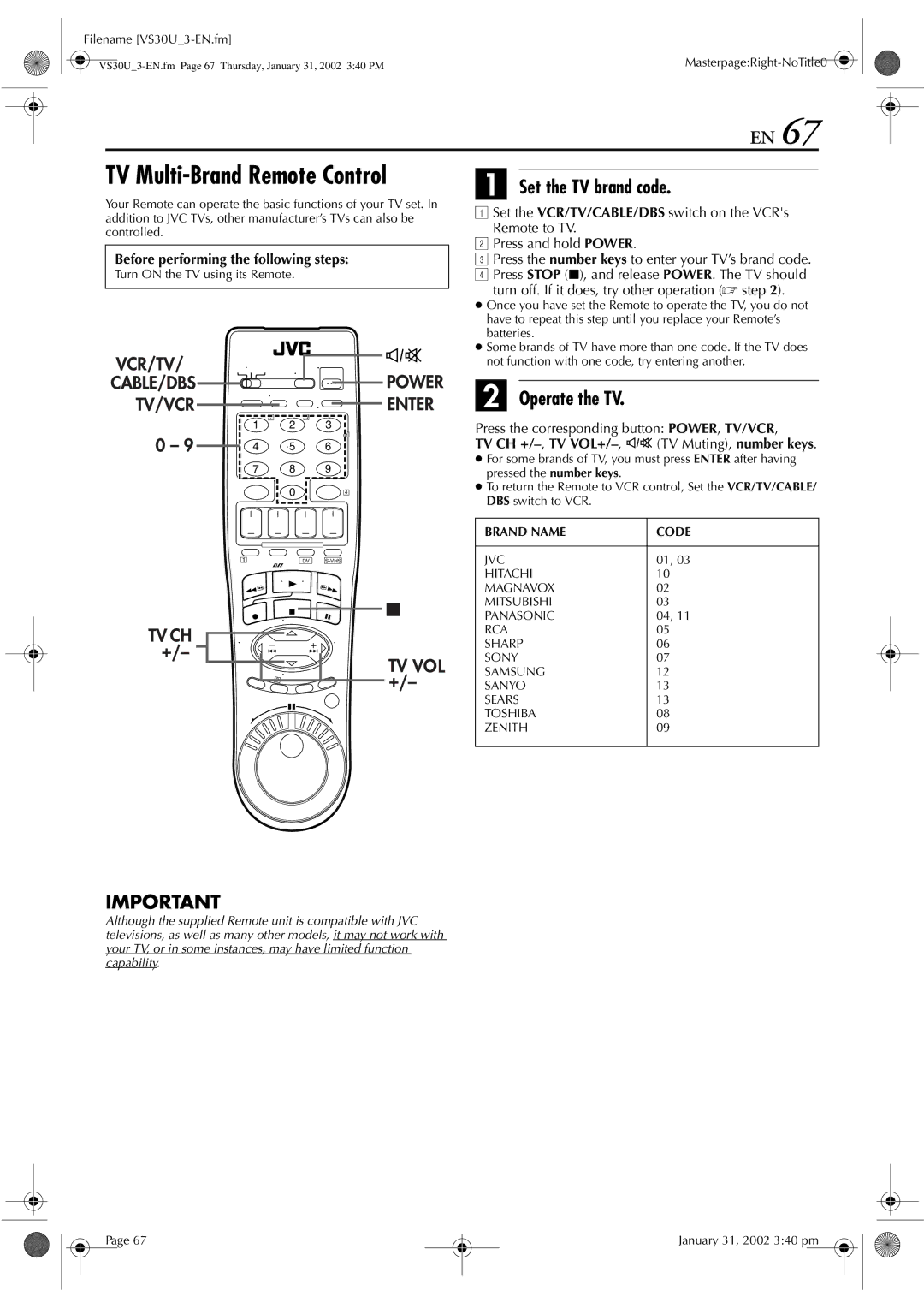 JVC SR-VS30U manual Set the TV brand code, Operate the TV, Before performing the following steps 