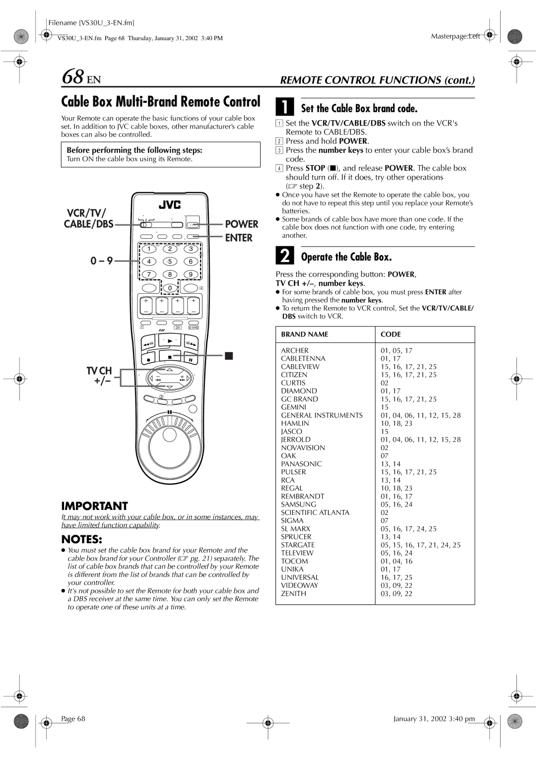 JVC SR-VS30U manual 68 EN, Operate the Cable Box, TV CH +/-,number keys 