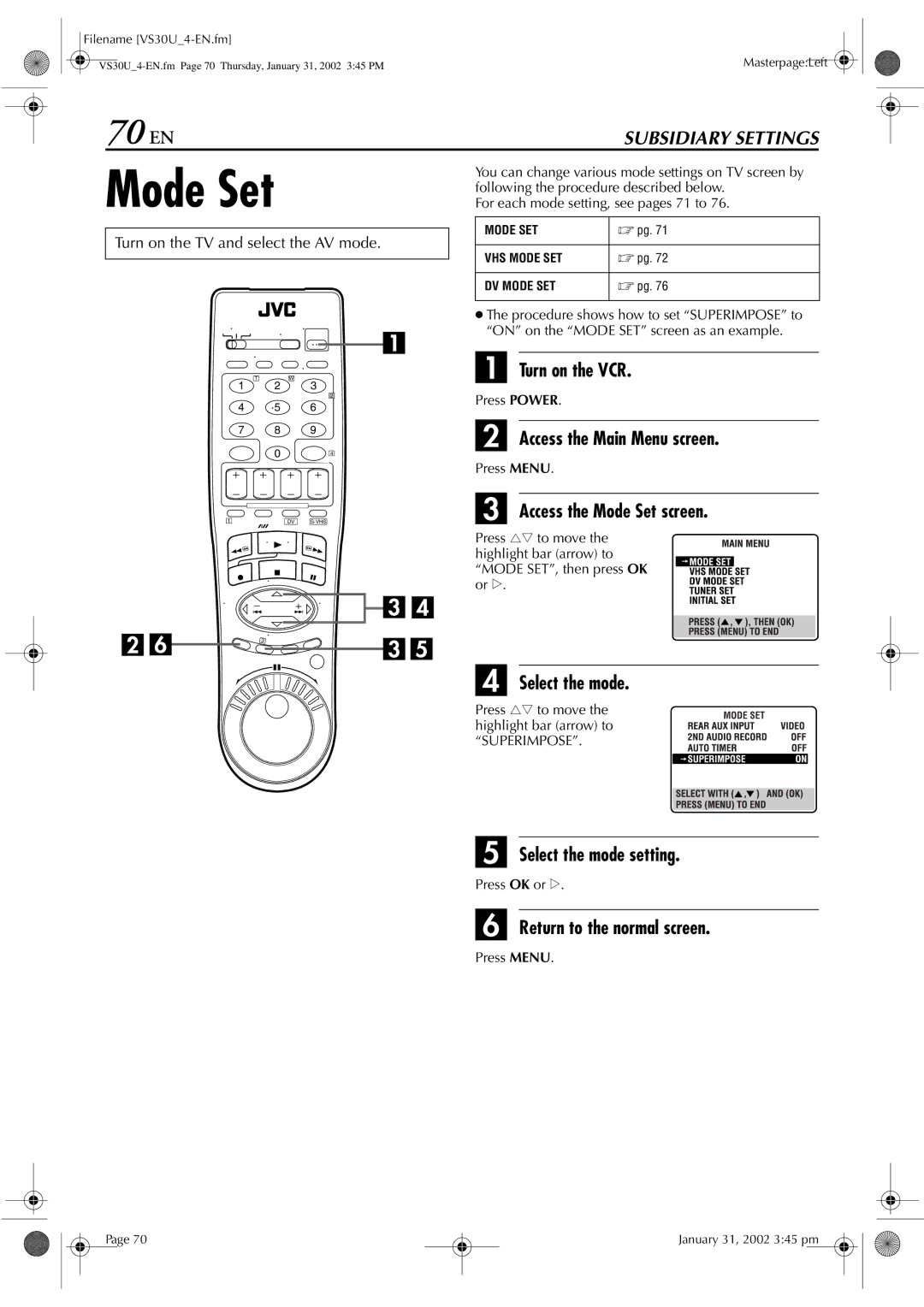 JVC SR-VS30U manual 70 EN, Access the Mode Set screen, Select the mode setting 