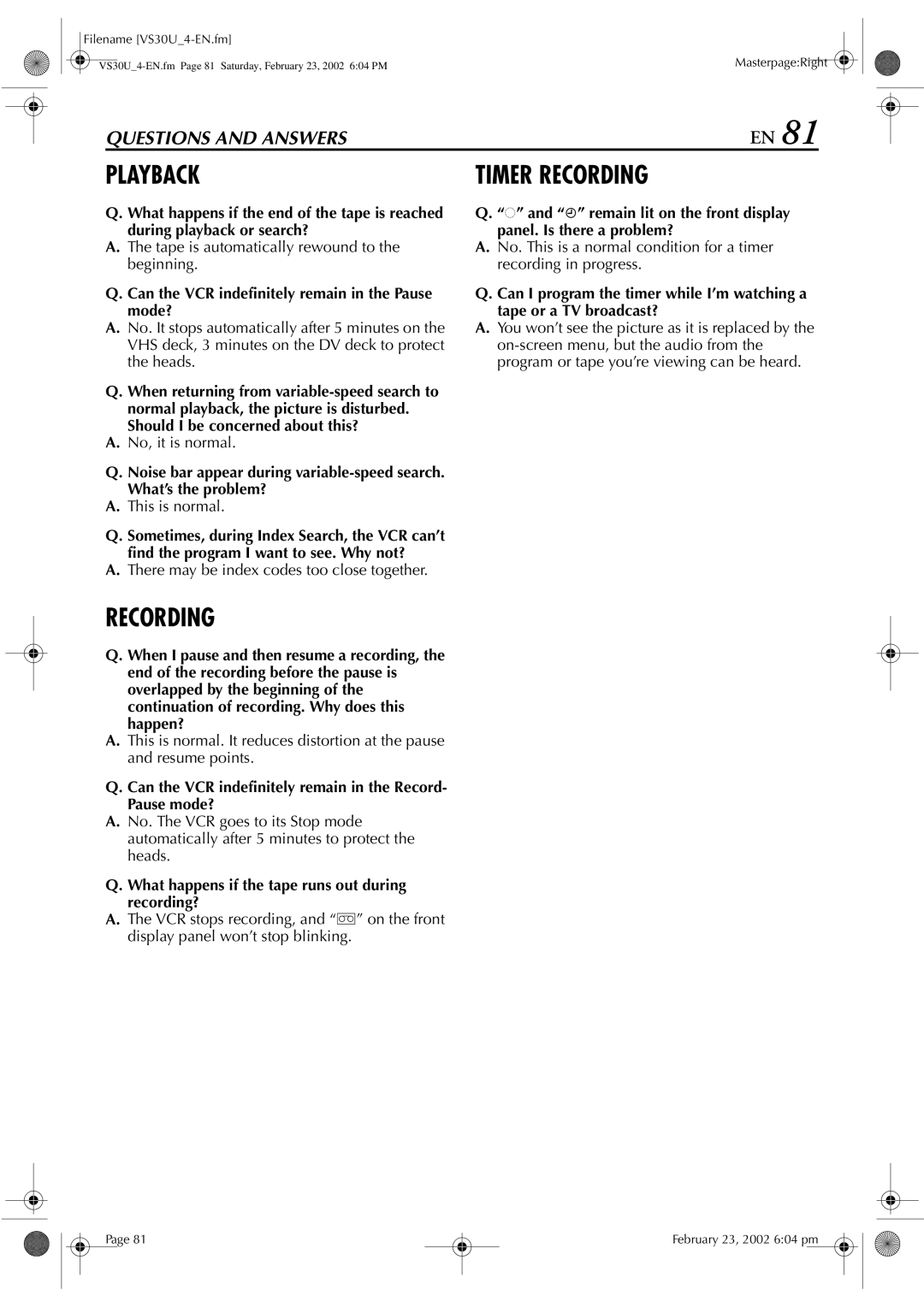 JVC SR-VS30U manual Playback, Timer Recording 