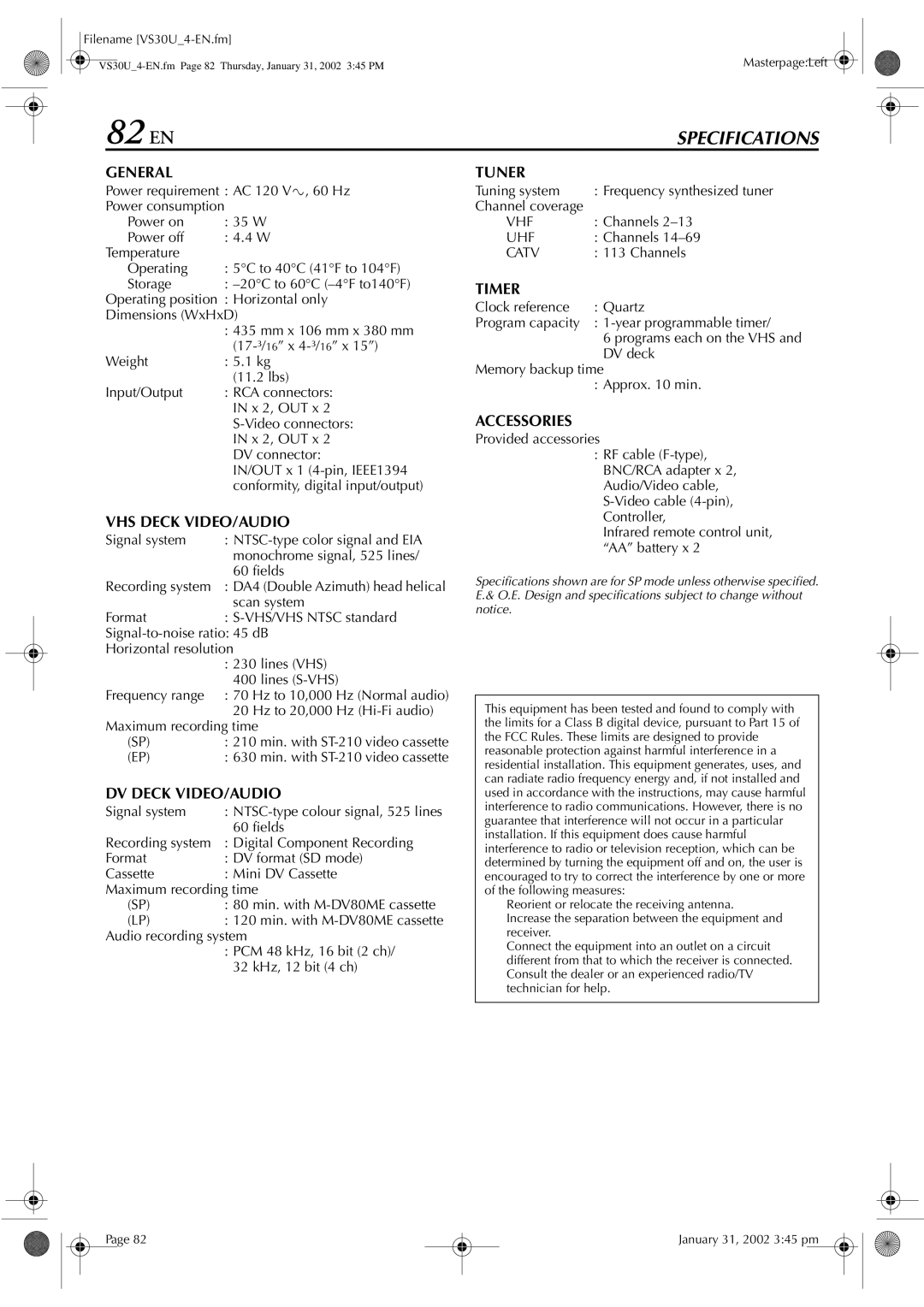 JVC SR-VS30U manual 82 EN 