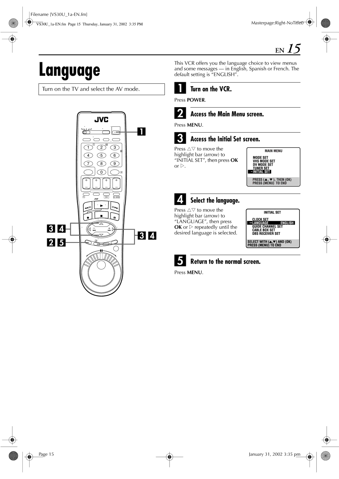 JVC SR-VS30U manual Language 