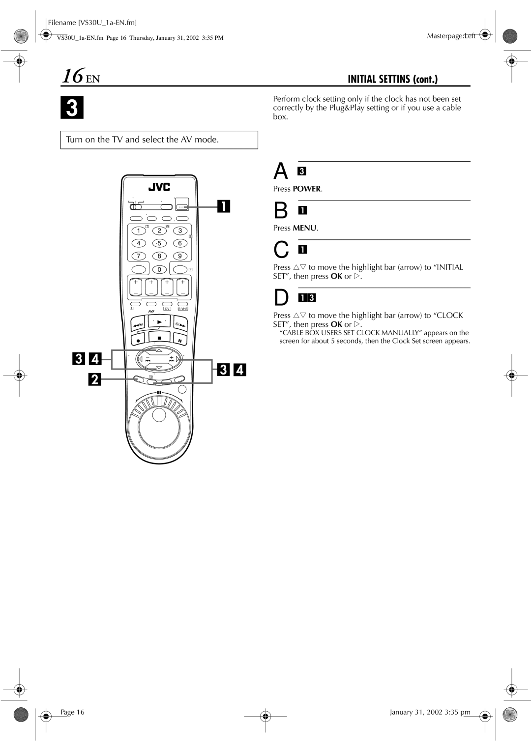 JVC SR-VS30U manual Preparations, Access the Clock Set screen 