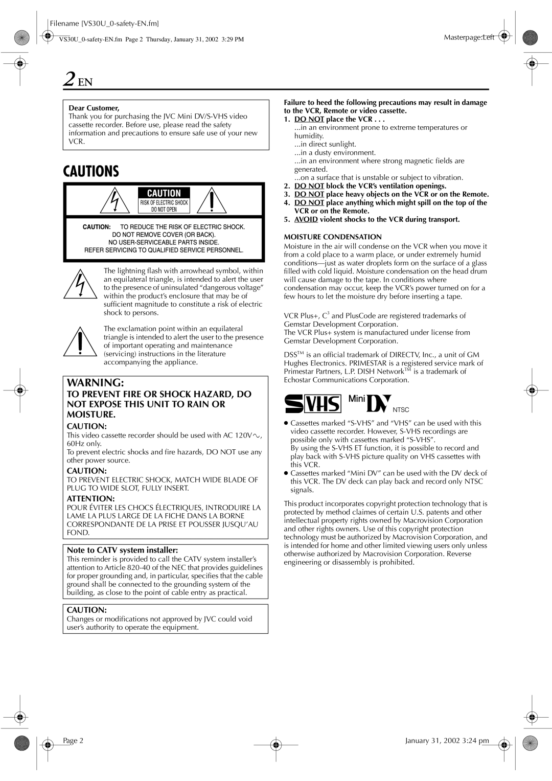 JVC SR-VS30U manual Dear Customer, Moisture Condensation 