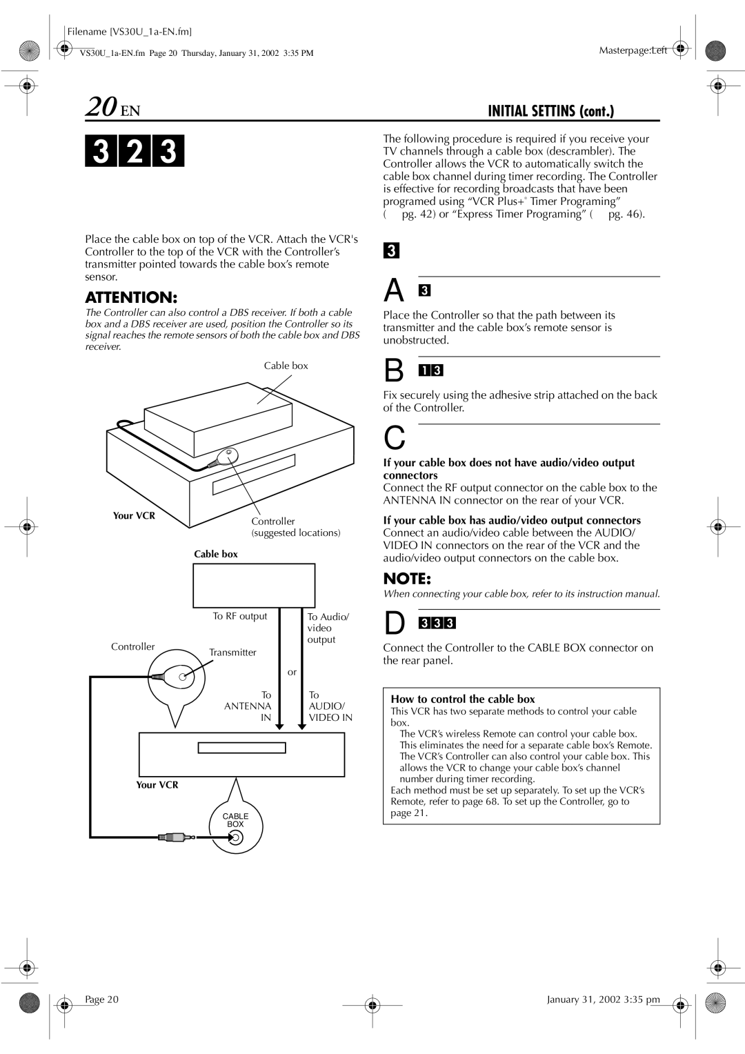 JVC SR-VS30U manual Installing Controller, Situate the Controller, Attach the Controller, Make connections 