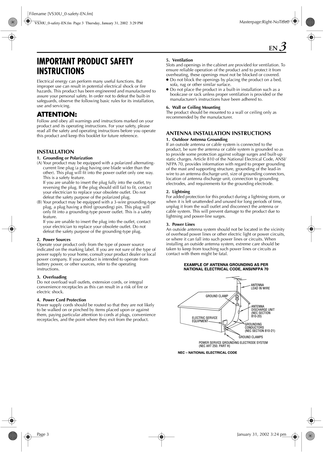 JVC SR-VS30U manual Important Product Safety Instructions 