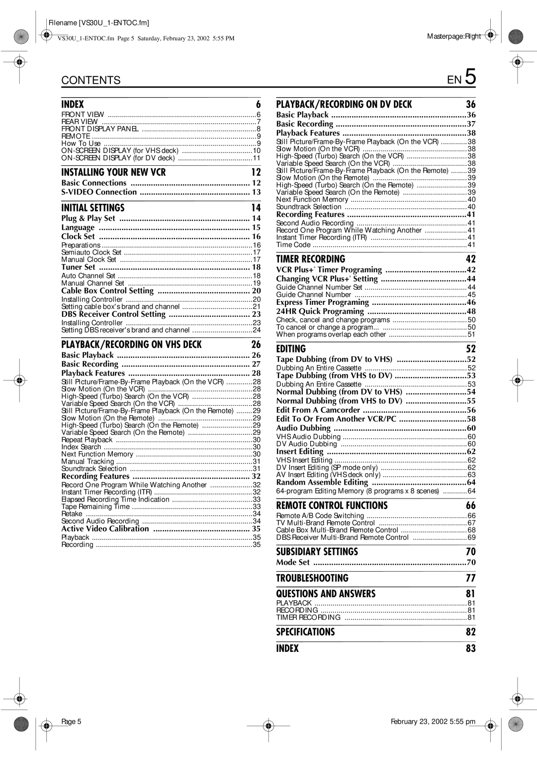 JVC SR-VS30U manual Contents 