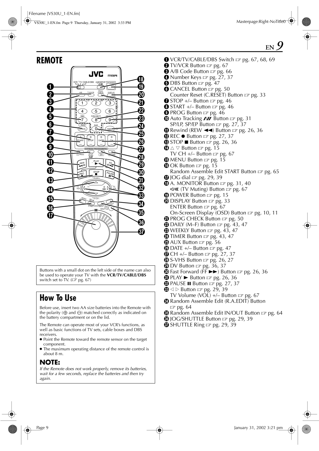 JVC SR-VS30U manual Remote, How To Use 