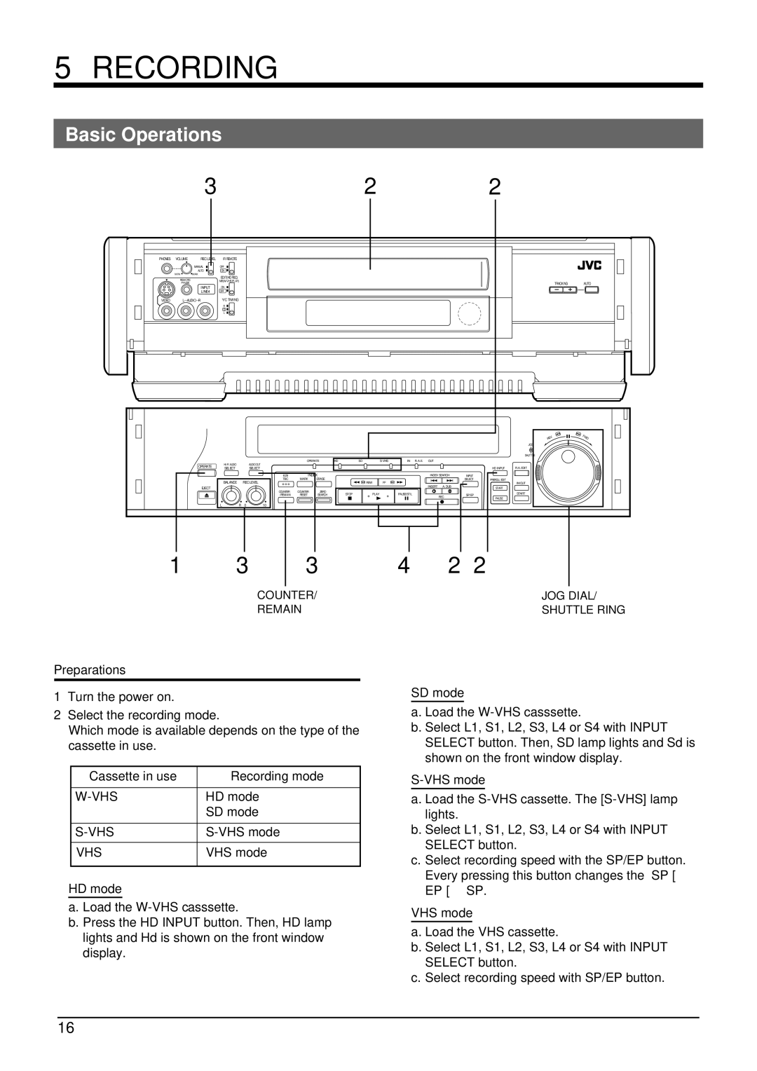 JVC SR-W5U manual Recording, Basic Operations, Preparations Turn the power on Select the recording mode, HD mode, VHS mode 