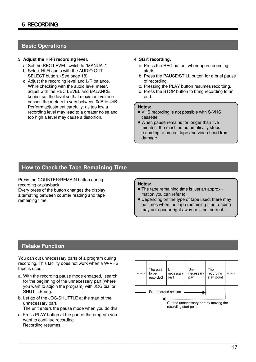 JVC SR-W5U manual Recording, How to Check the Tape Remaining Time, Retake Function, Adjust the Hi-Fi recording level 