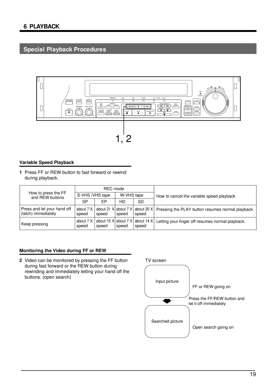 JVC SR-W5U manual Special Playback Procedures, Variable Speed Playback, Monitoring the Video during FF or REW 