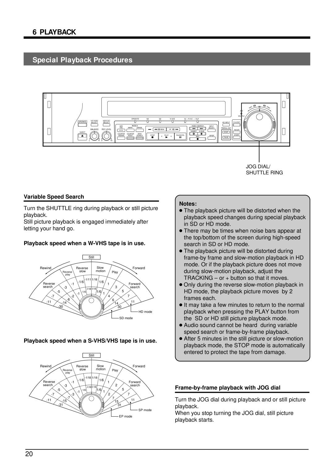 JVC SR-W5U manual Variable Speed Search, Playback speed when a W-VHS tape is in use, Frame-by-frame playback with JOG dial 