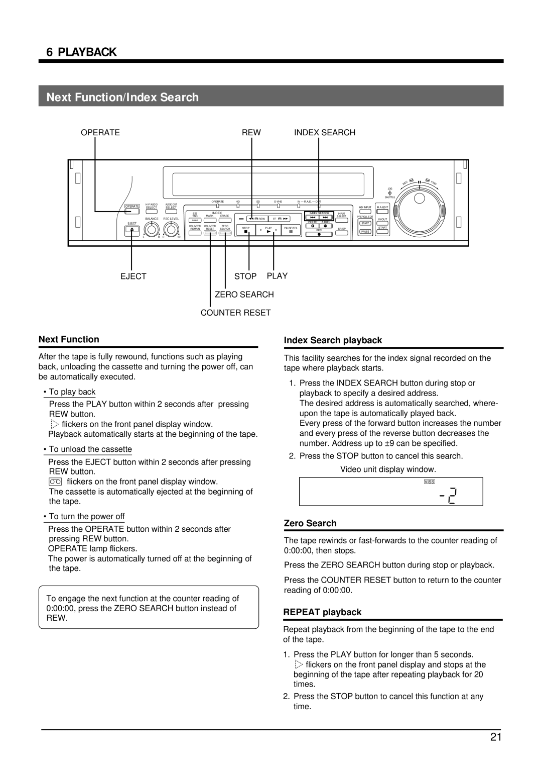 JVC SR-W5U manual Next Function/Index Search, Index Search playback, Zero Search, Repeat playback 