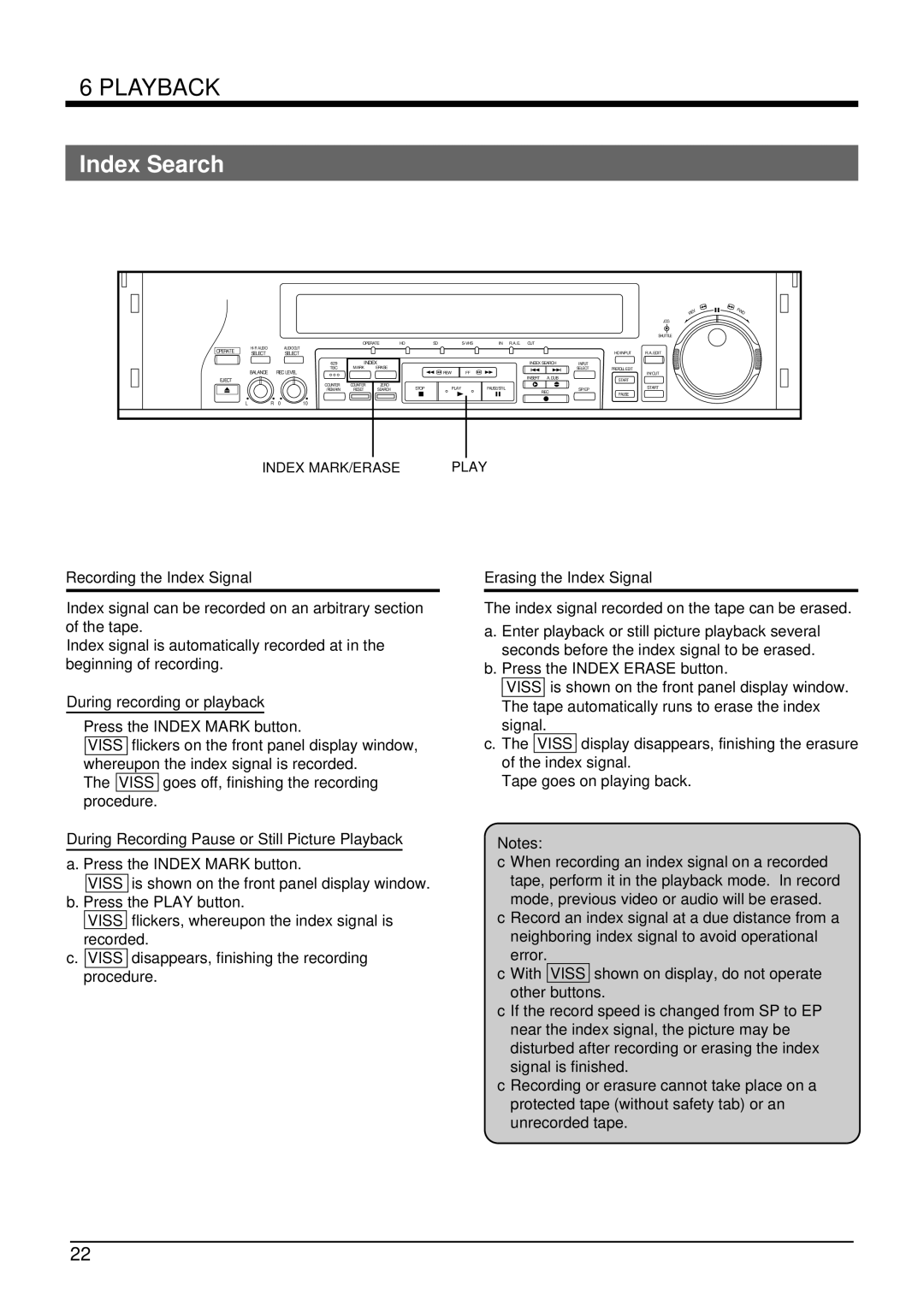 JVC SR-W5U manual Index Search, Recording the Index Signal, Erasing the Index Signal, Index MARK/ERASE Play 