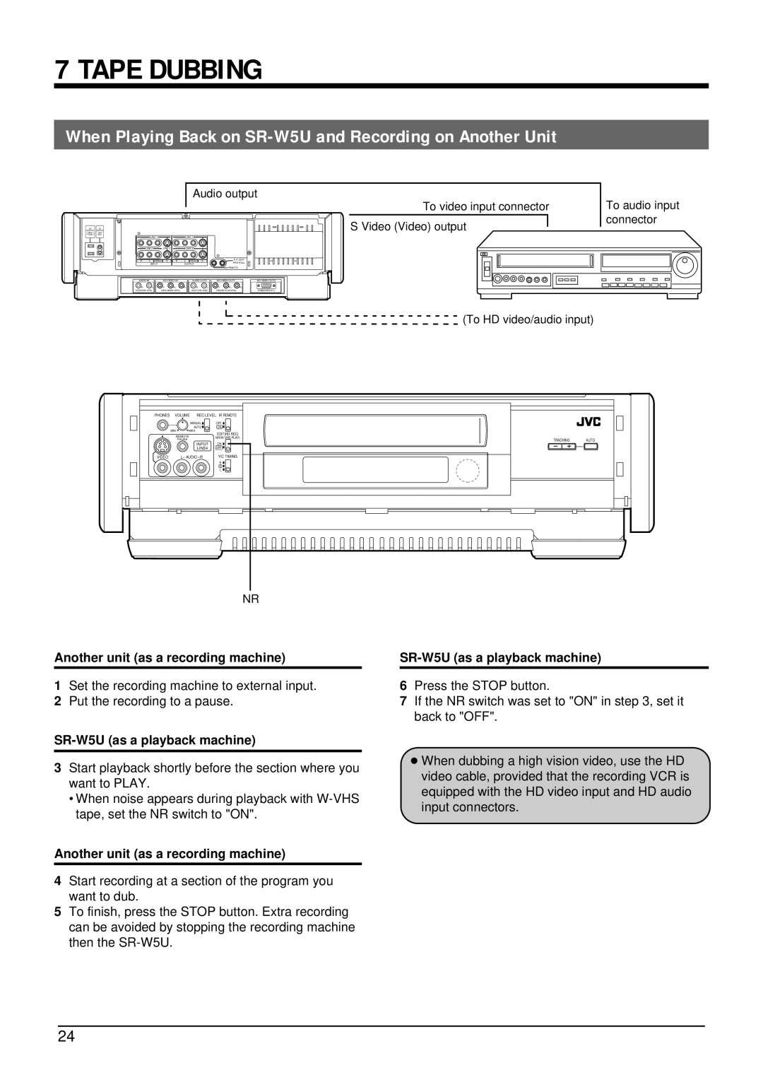 JVC manual Tape Dubbing, When Playing Back on SR-W5U and Recording on Another Unit, Another unit as a recording machine 