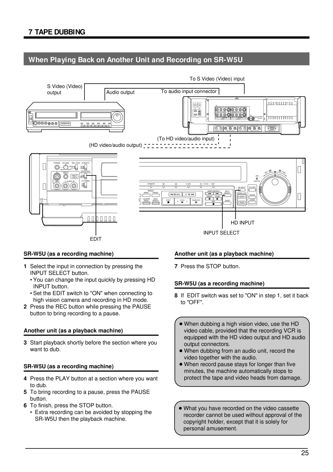 JVC manual Tape Dubbing, When Playing Back on Another Unit and Recording on SR-W5U, SR-W5U as a recording machine 