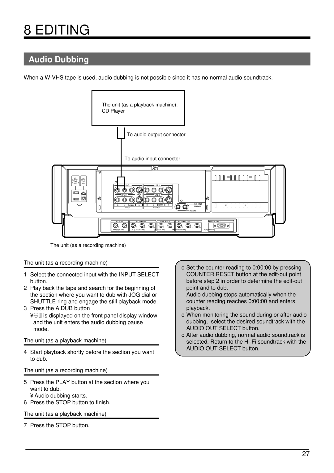 JVC SR-W5U manual Editing, Audio Dubbing, Unit as a recording machine, Unit as a playback machine 