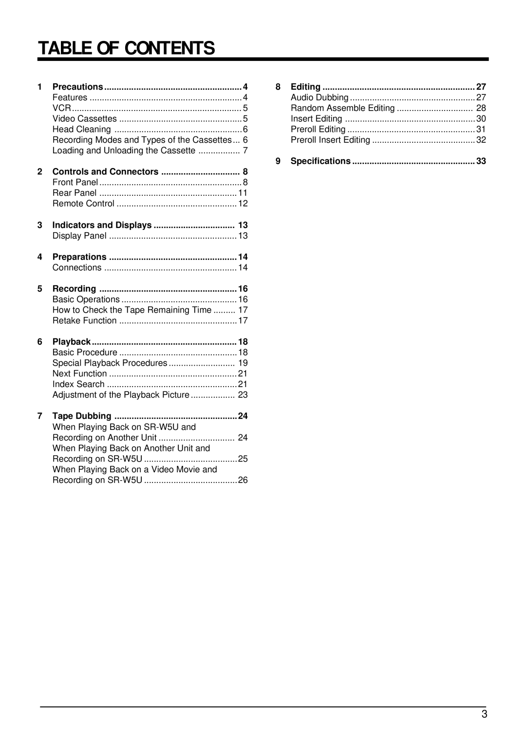 JVC SR-W5U manual Table of Contents 