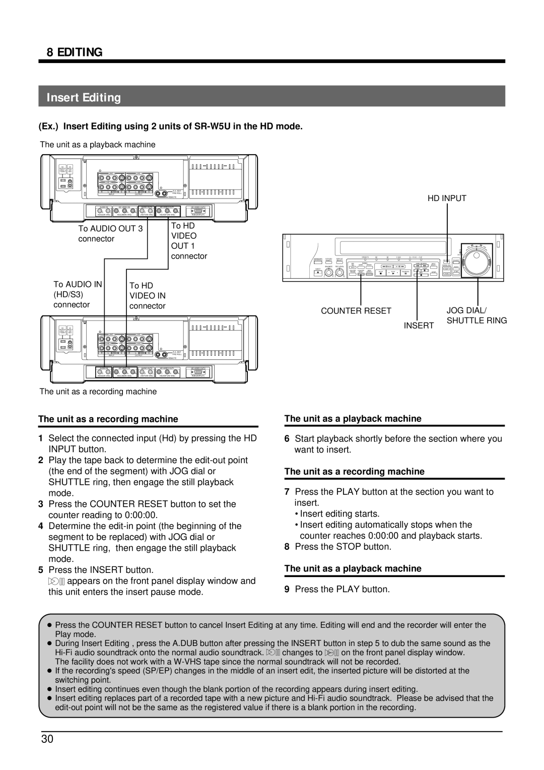 JVC manual Ex. Insert Editing using 2 units of SR-W5U in the HD mode, Press the Play button, Counter Reset JOG Dial 