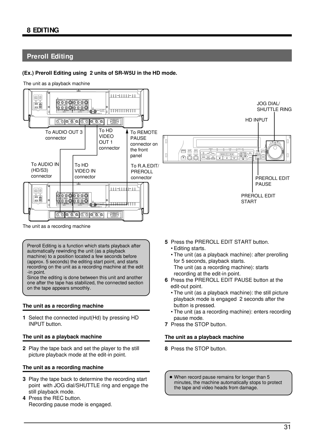 JVC manual Ex. Preroll Editing using 2 units of SR-W5U in the HD mode, JOG Dial Shuttle Ring HD Input 