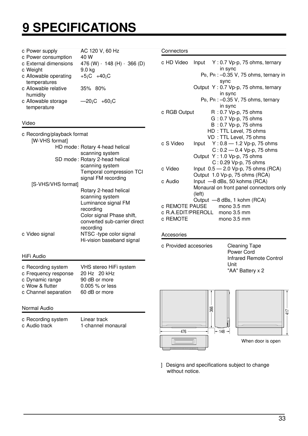 JVC SR-W5U manual Specifications 