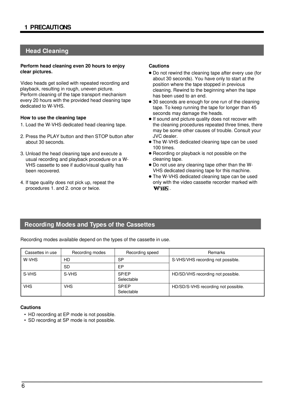 JVC SR-W5U manual Head Cleaning, Recording Modes and Types of the Cassettes, How to use the cleaning tape 