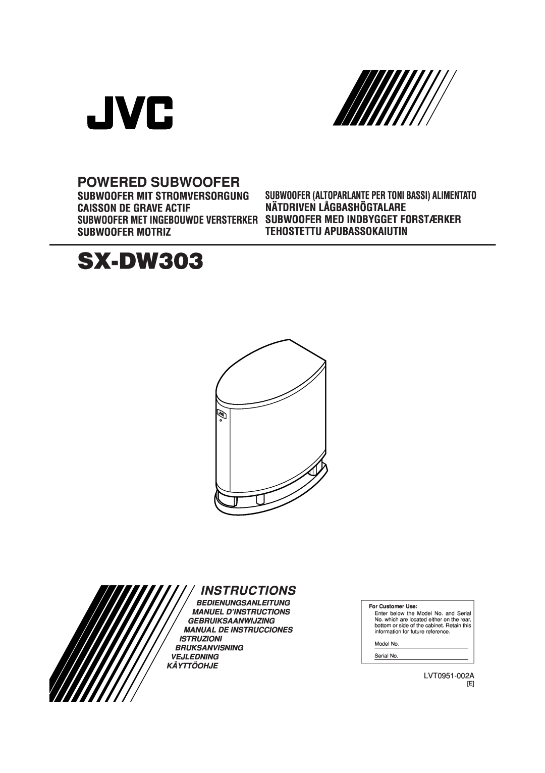 JVC SW-DW303 manual LVT0951-002A, SX-DW303, Compact Component System, Powered Subwoofer, Instructions, Bedienungsanleitung 