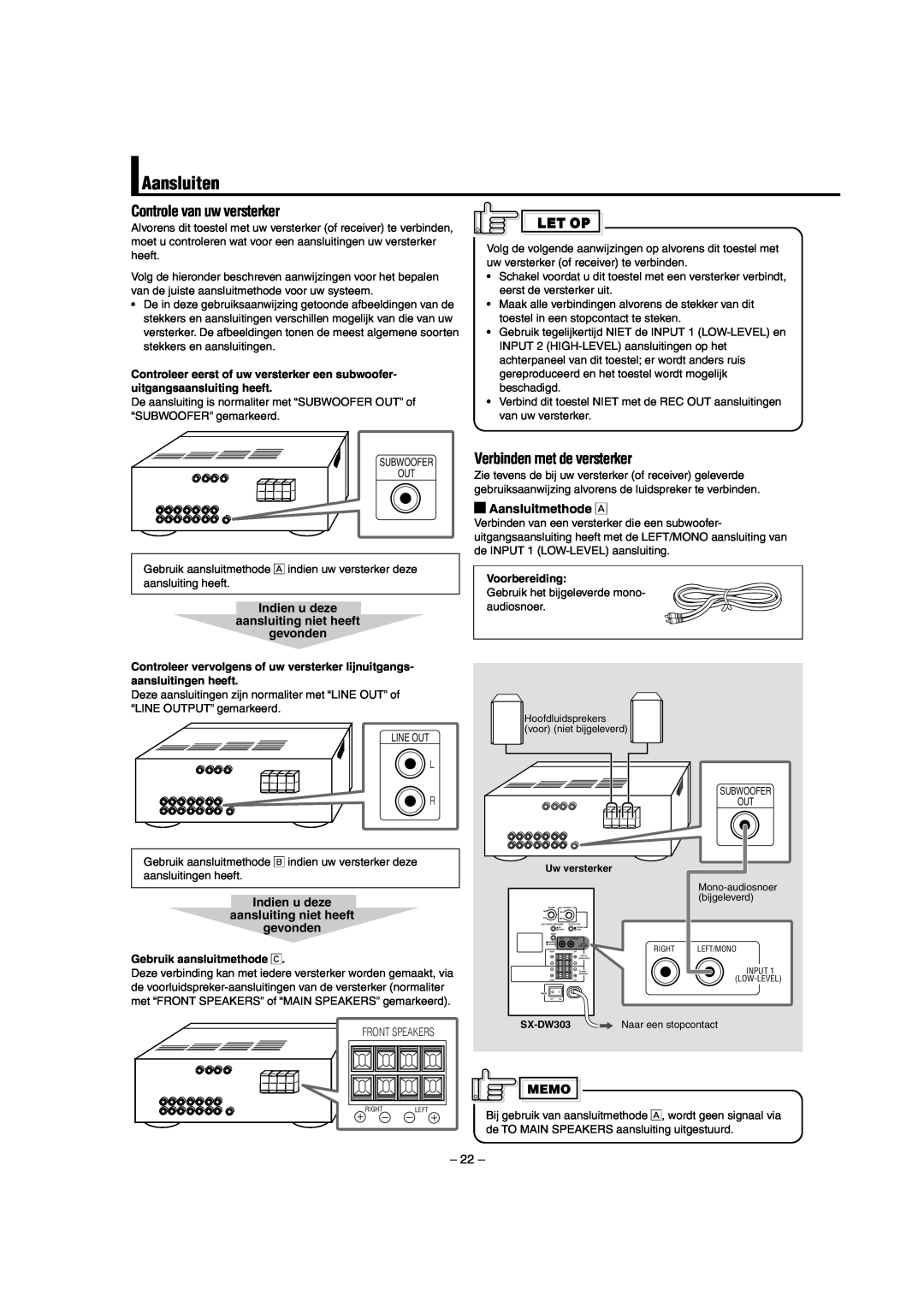JVC SW-DW303 manual Aansluiten, Controle van uw versterker, Verbinden met de versterker, Aansluitmethode Å 