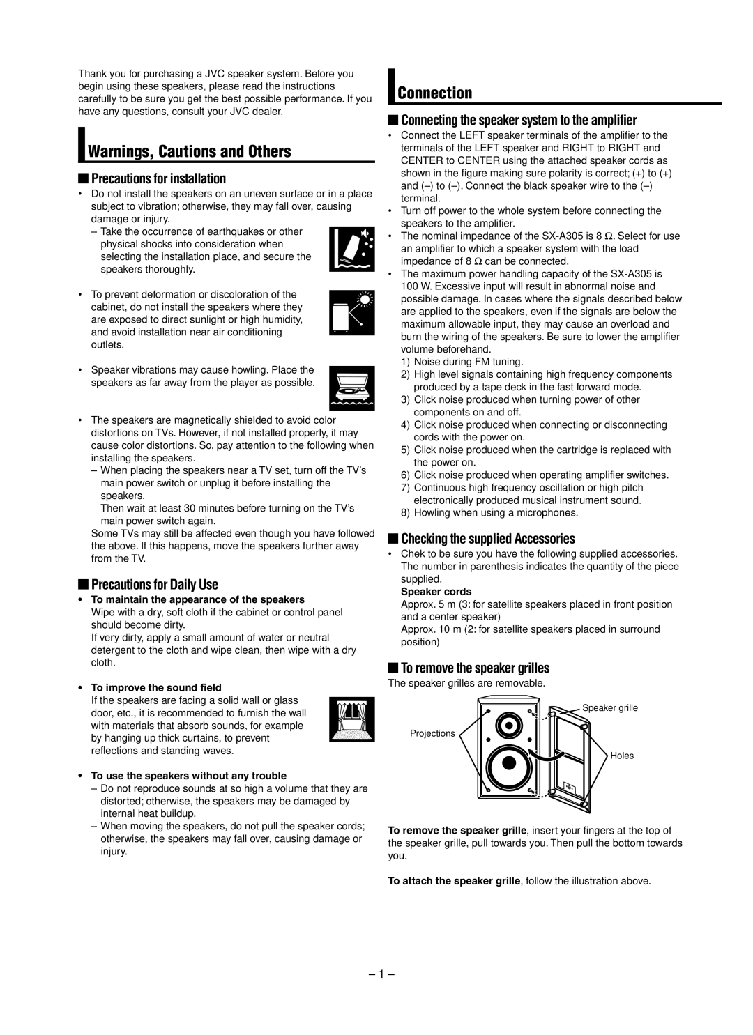 JVC SX-A305 manual Warnings, Cautions and Others, Connection, Precautions for installation, Precautions for Daily Use 