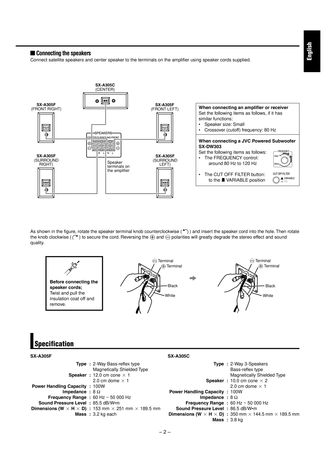 JVC SX-A305 manual Specification, Connecting the speakers, English 