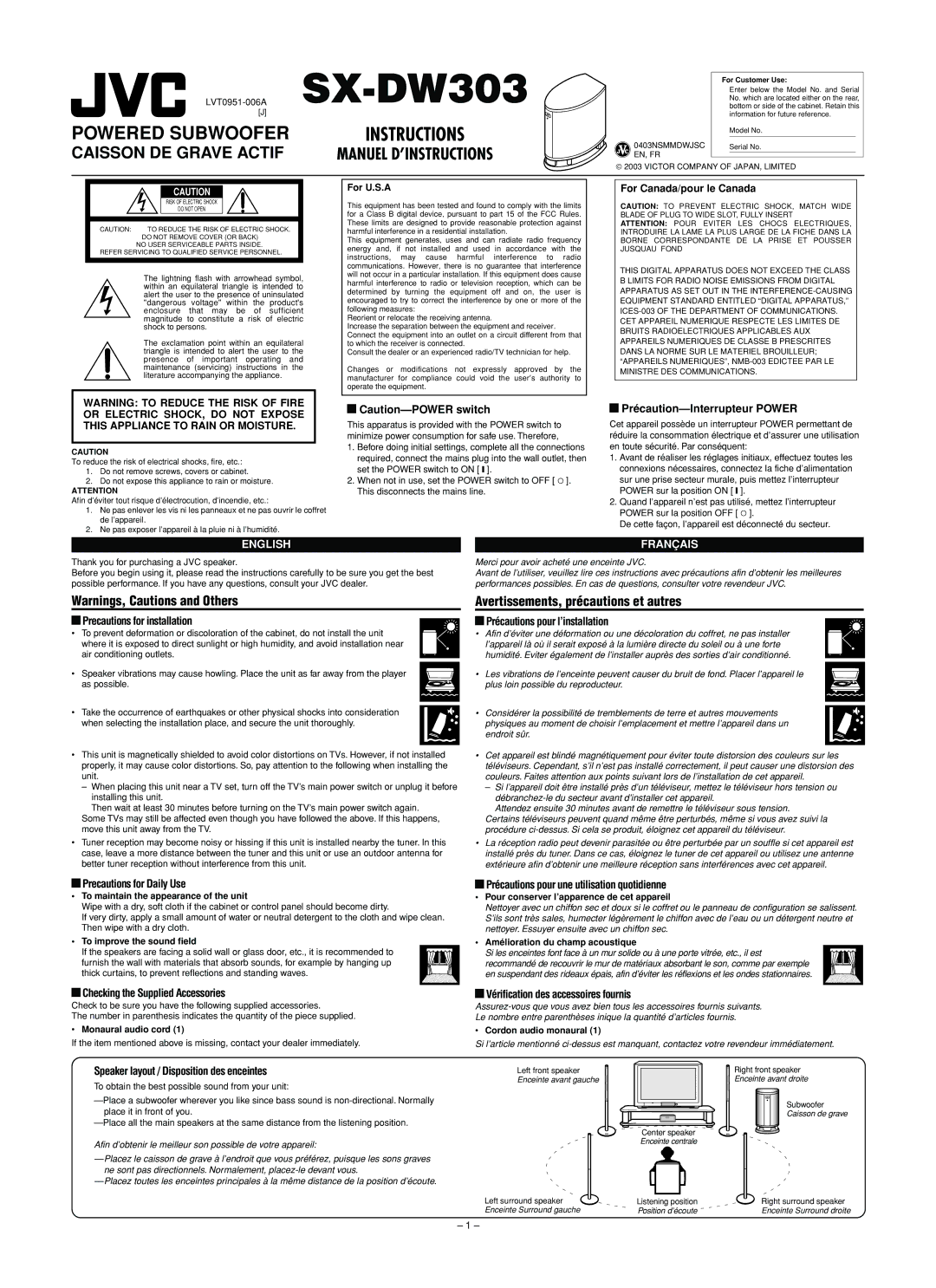 JVC SX-DW303 user service Précaution-Interrupteur Power, Precautions for installation, Précautions pour l’installation 