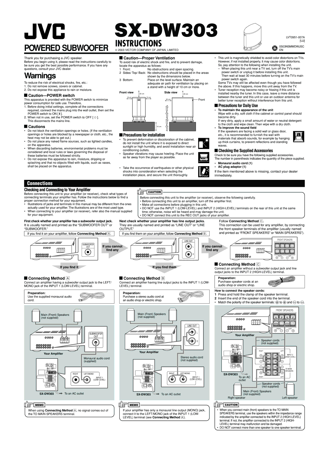 JVC SX-DW303 dimensions Precautions for installation, Precautions for Daily Use, Checking the Supplied Accessories 