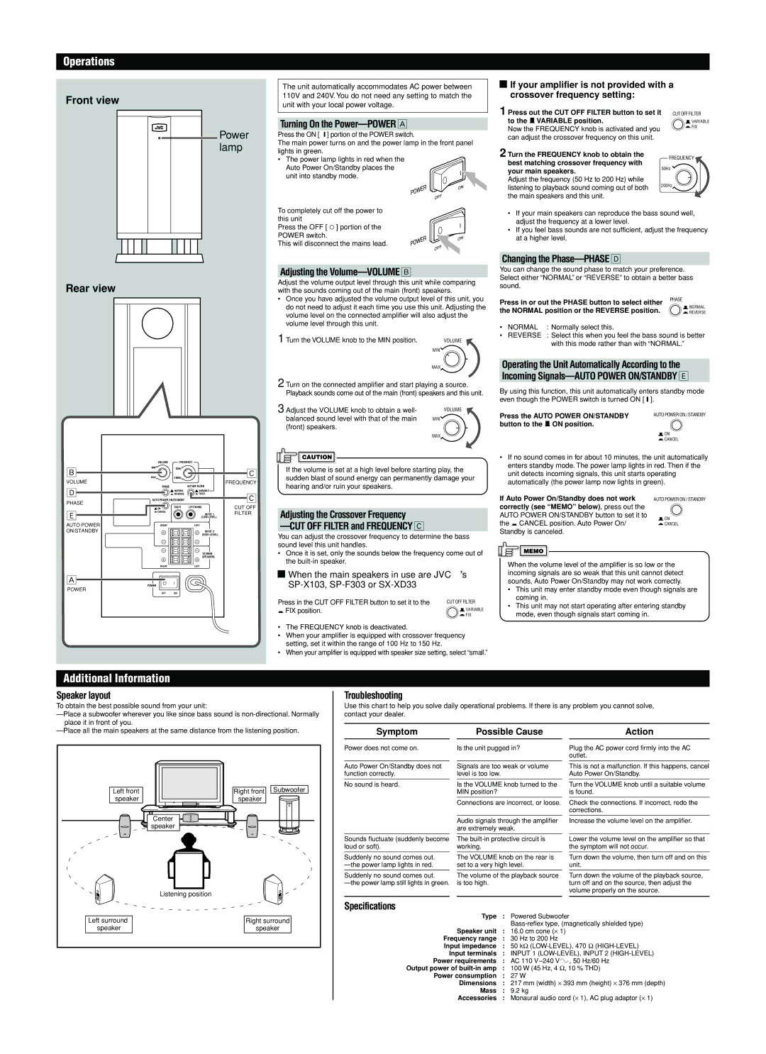 JVC SX-DW303 Turning On the Power-POWER Å, Adjusting the Volume-VOLUME ı, Changing the Phase-PHASE Î, Speaker layout 