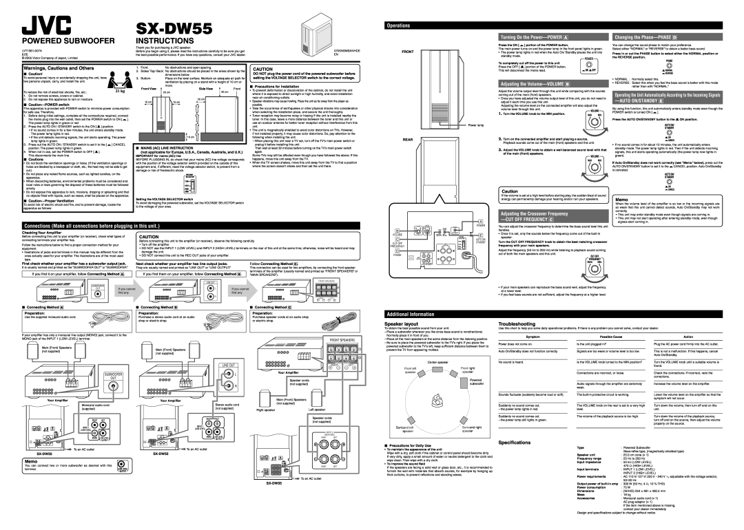 JVC SX-DW55 Changing the Phase-PHASE D, Powered Subwoofer, Instructions, Operations, Additional Information, Memo, 21 kg 