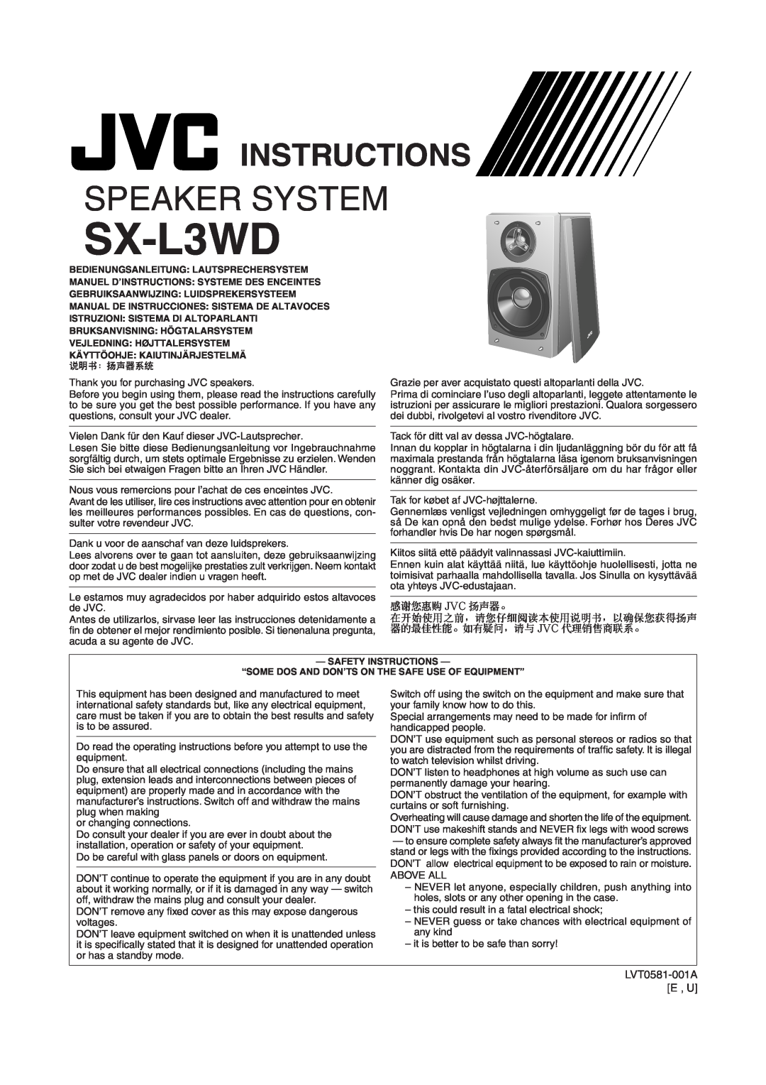 JVC SX-L3WD manual Speaker System, Instructions 