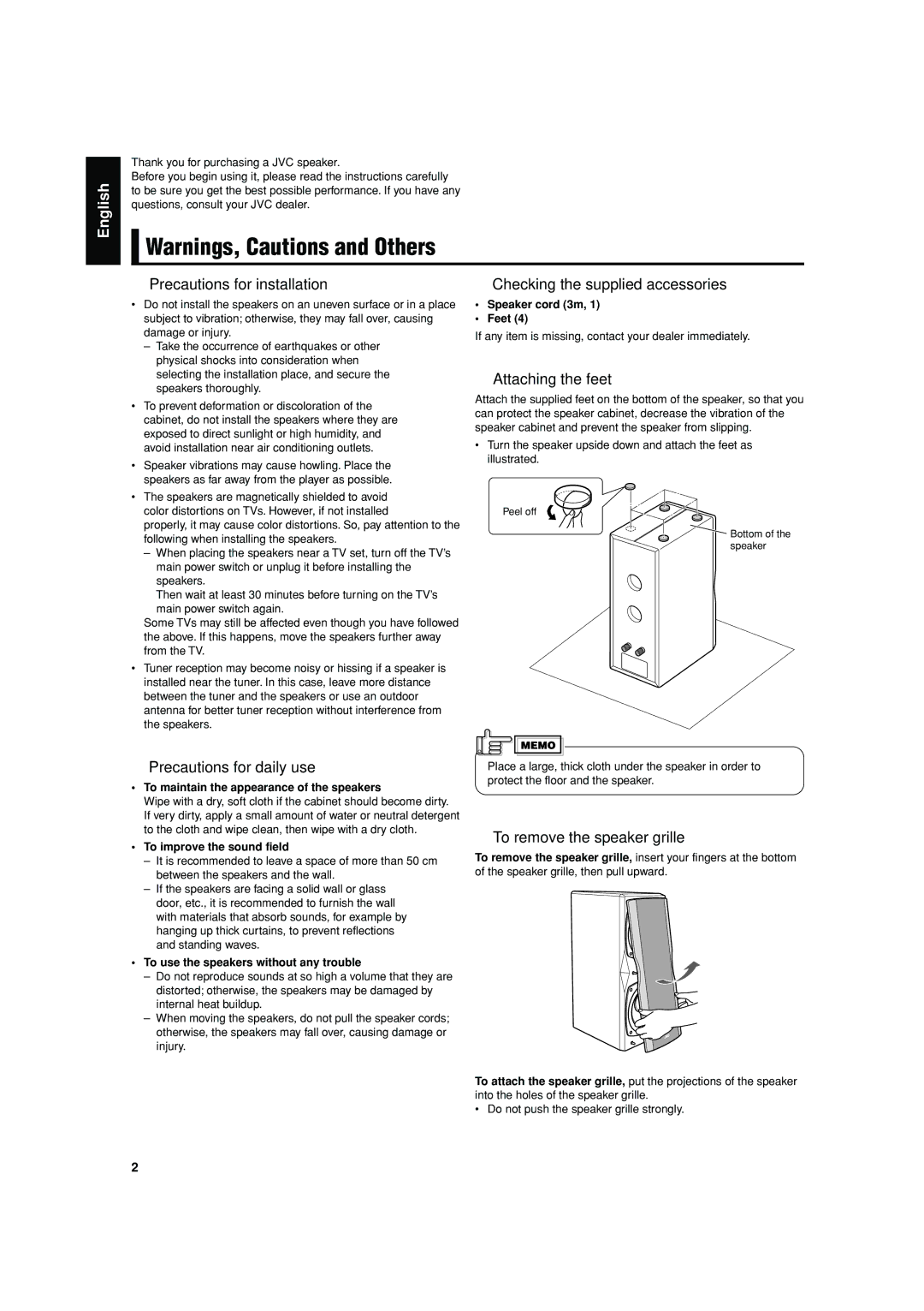 JVC SX-LC33 Precautions for installation, Precautions for daily use, Checking the supplied accessories, Attaching the feet 