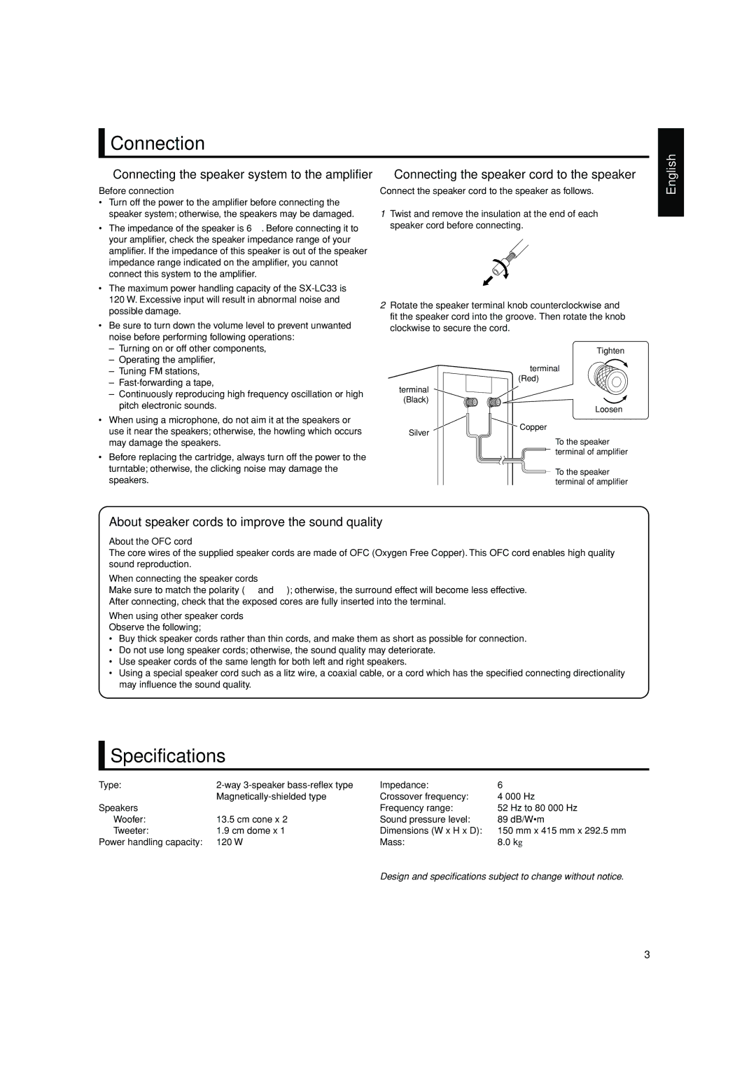 JVC SX-LC33 manual Connecting the speaker cord to the speaker, About speaker cords-to improve the sound quality 